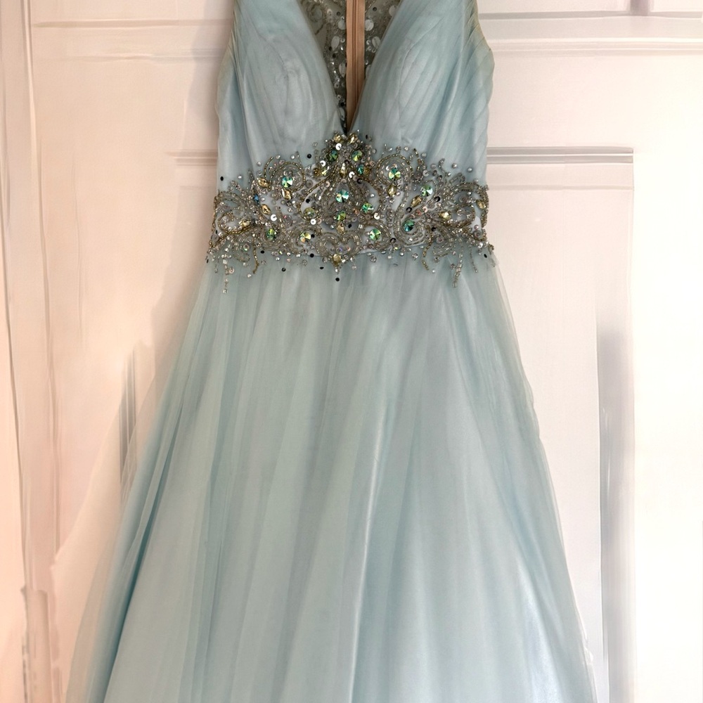 Elegant Light Blue Gown with Beaded Bodice